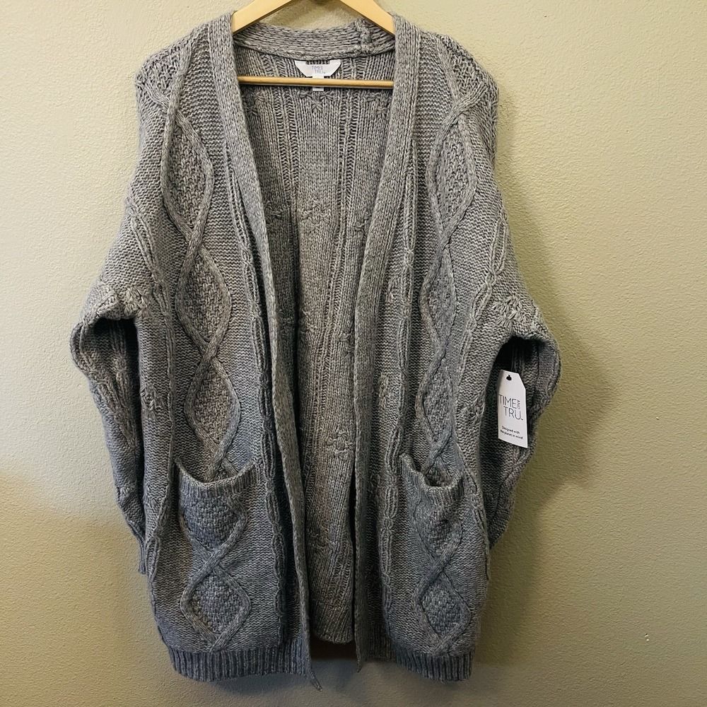 NWT‎ Time & Tru Long Cable Knit Cardigan Open Chunky Cozy Homey Cabincore Sz L